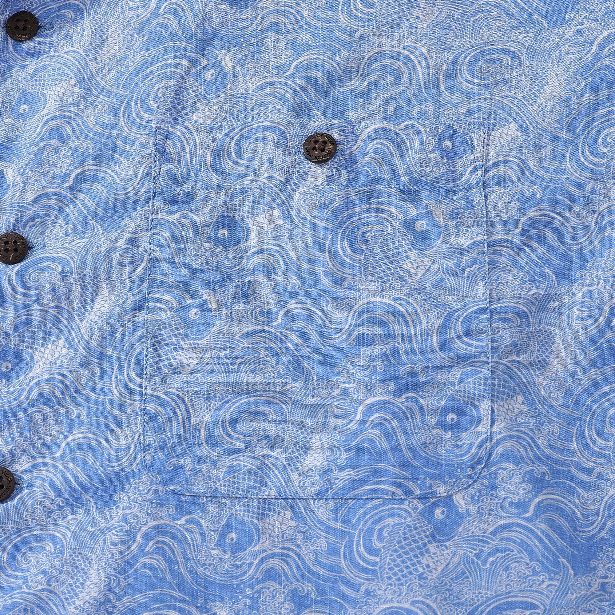 Hawaiian Shirts For Men Traditional Koi Carp Printed 100% Cotton Short Sleeve - Blue