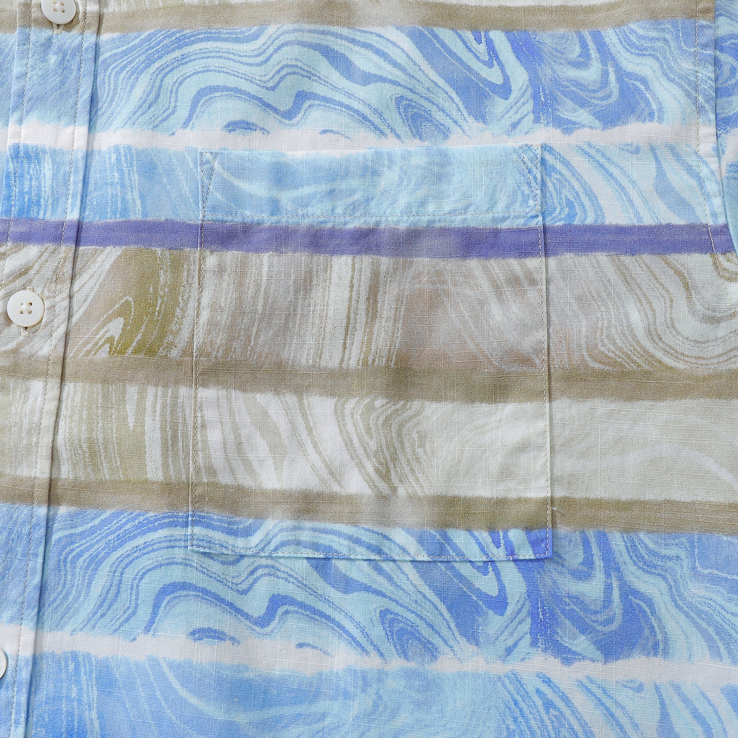 Men's Horizontal Stripe Shirt Blue Waves Print Casual Short Sleeve Button Down