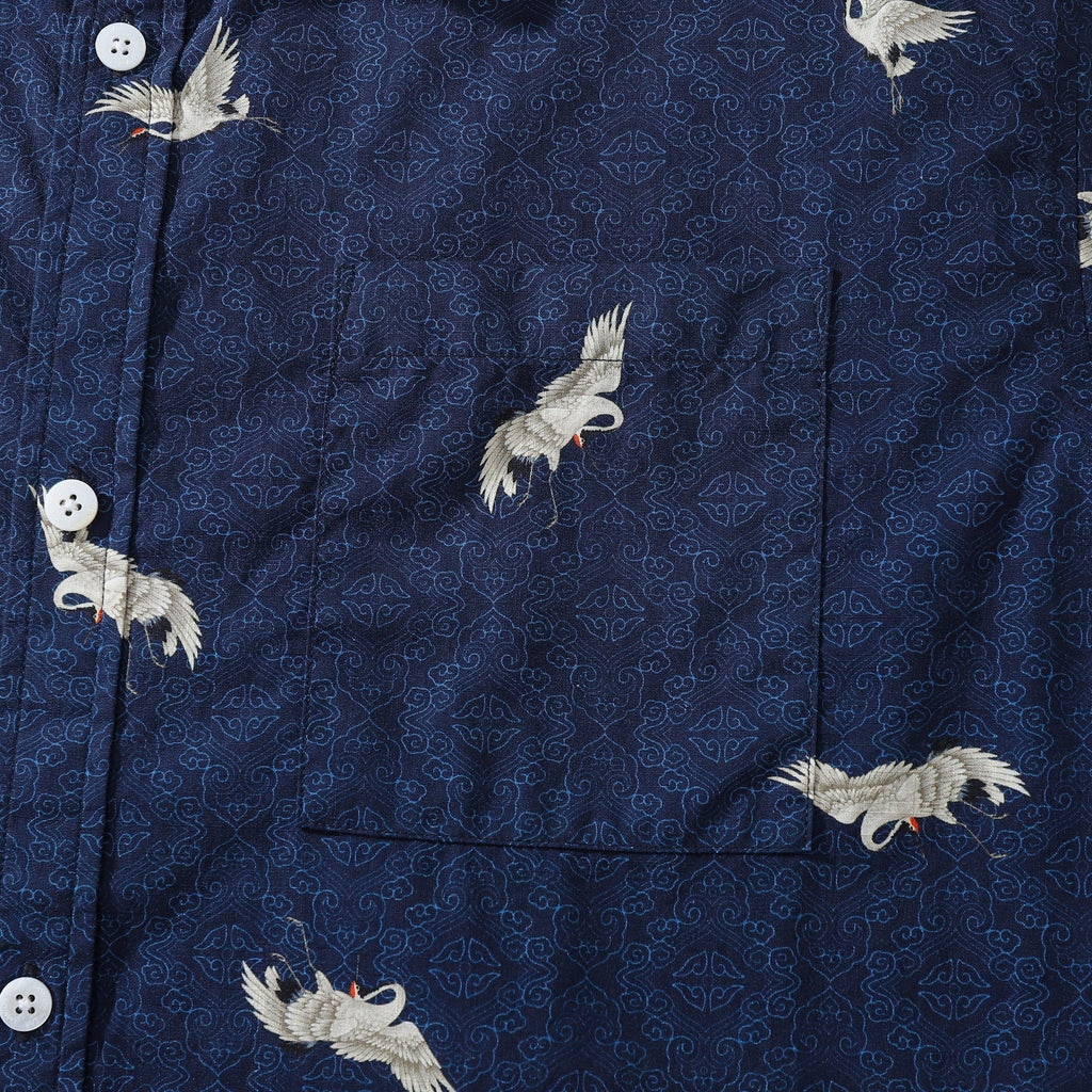 Hawaiian Shirt For Men Crane Print Short Sleeve Cotton Button Down - Blue