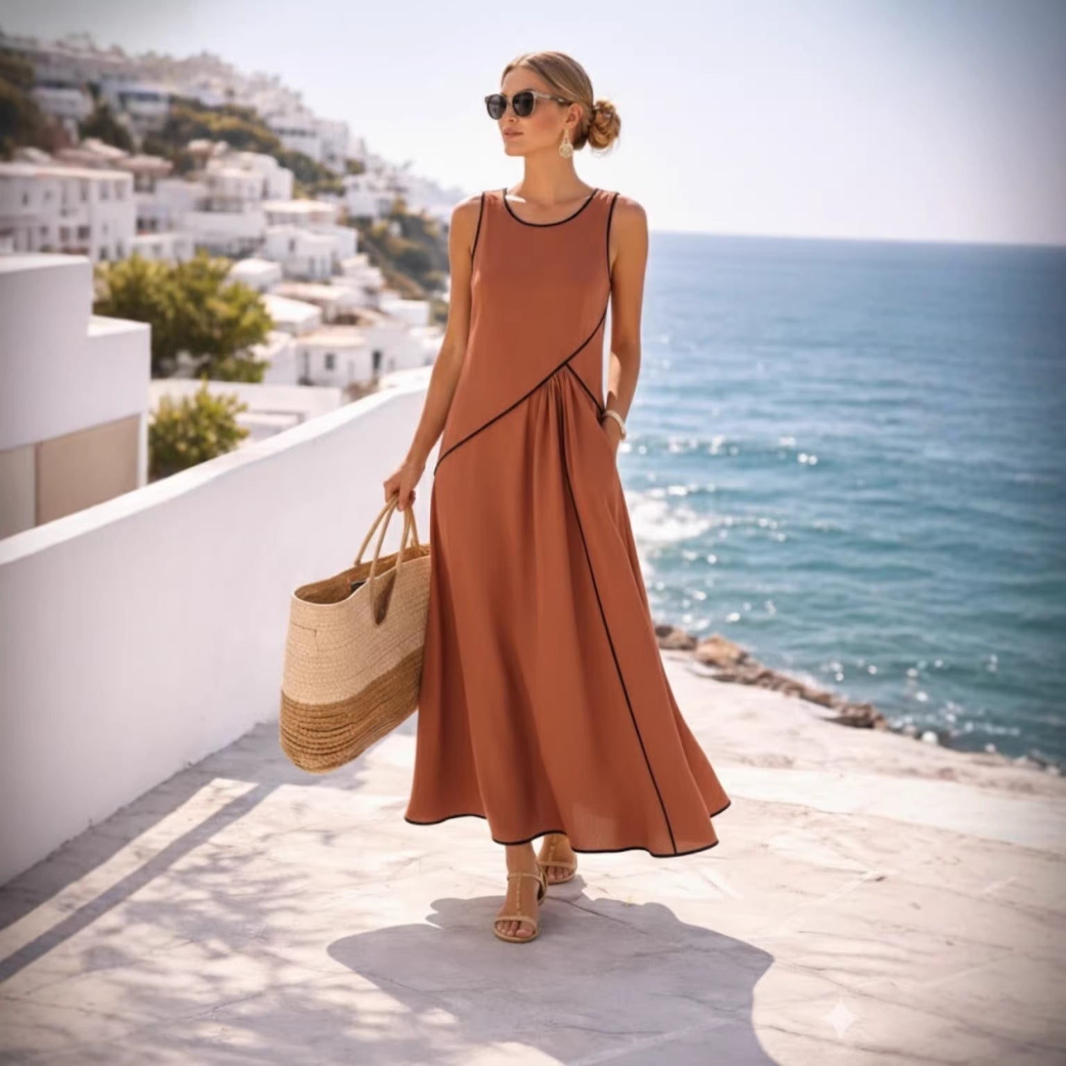 Mediterranean Contrast Color Vacation Dress – 7 Colors